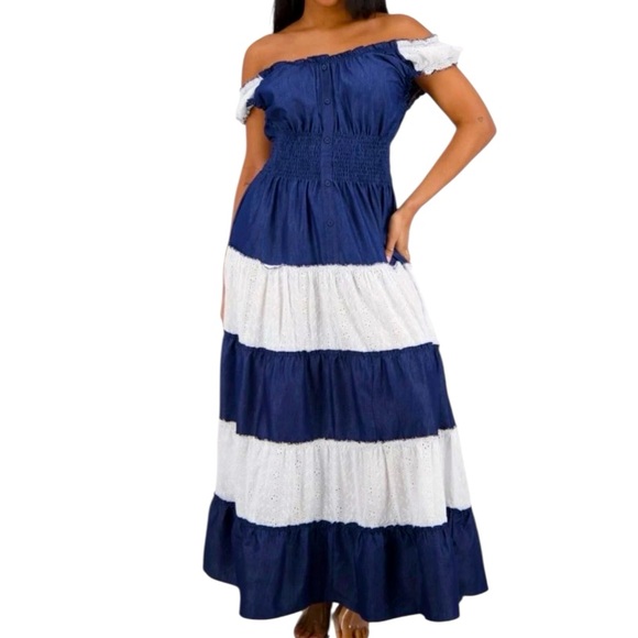 Advance Apparels Dresses & Skirts - Indigo Coastline Boho Eyelet & Denim Soft Maxi Convertible On/Off Shoulder 96051